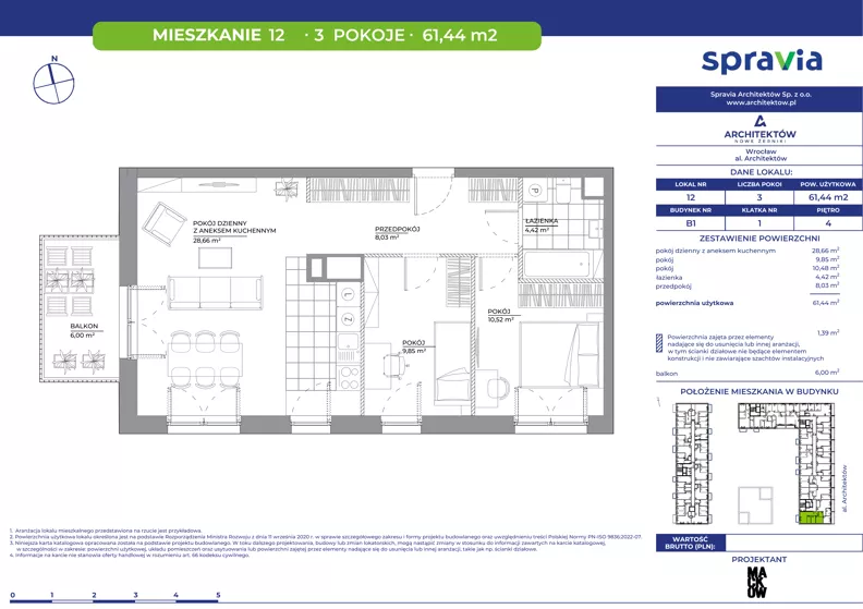 3 pokoje, mieszkanie 61,44 m², piętro 4, oferta nr B1/12, Architektów, Wrocław, Al. Architektów 22-30