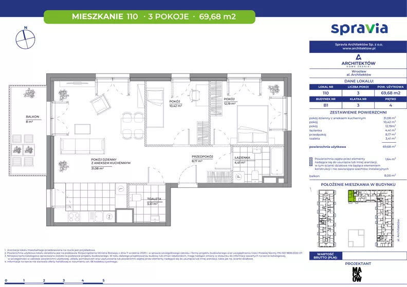3 pokoje, mieszkanie 69,68 m², piętro 4, oferta nr B1/110, Architektów, Wrocław, Al. Architektów 22-30