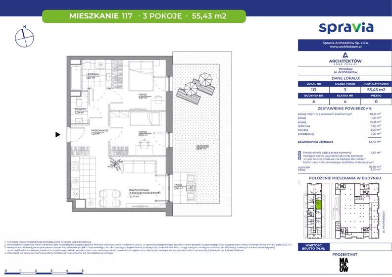 3 pokoje, mieszkanie 55,43 m², parter, oferta nr A/117, Architektów, Wrocław, Al. Architektów 22-30