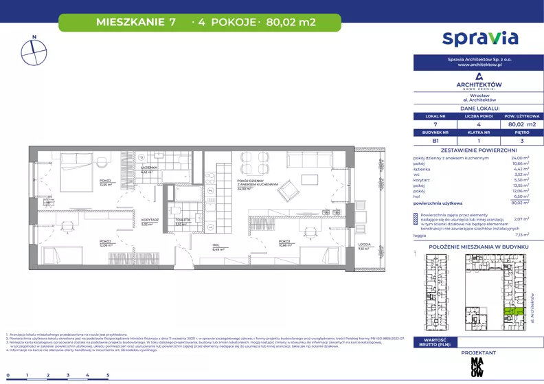 3 pokoje, mieszkanie 80,02 m², piętro 3, oferta nr B1/7, Architektów, Wrocław, Al. Architektów 22-30