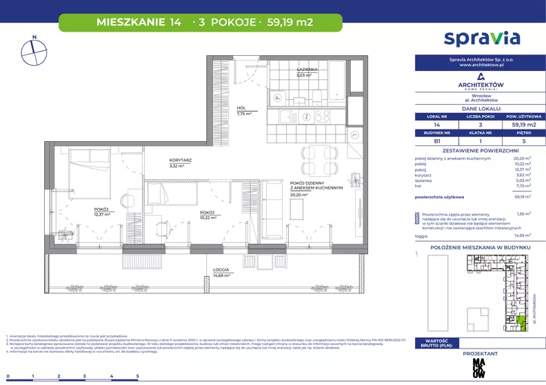 3 pokoje, mieszkanie 59,19 m², piętro 5, oferta nr B1/14, Architektów, Wrocław, Al. Architektów 22-30
