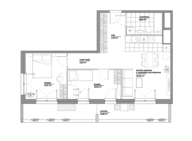 3 pokoje, mieszkanie 59,19 m², piętro 5, oferta nr B1/14, Architektów, Wrocław, Al. Architektów 22-30