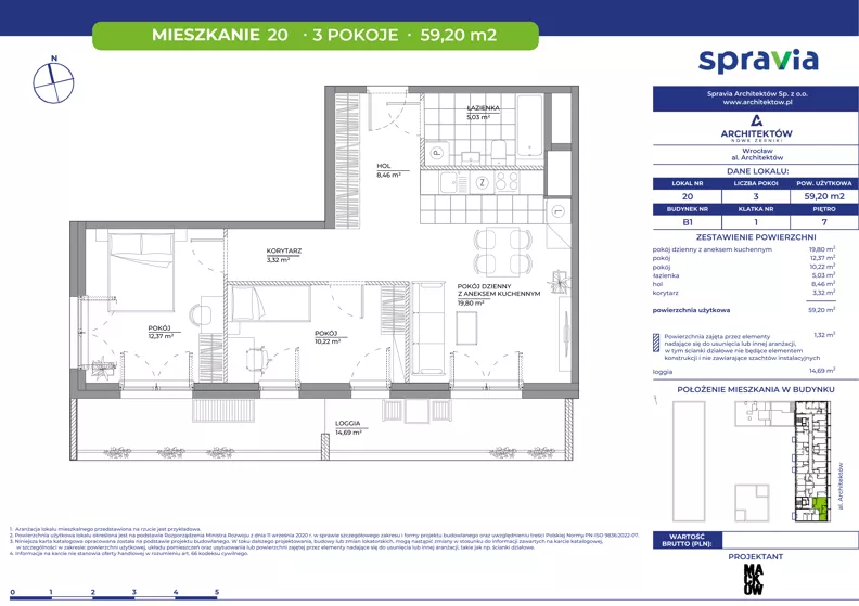 3 pokoje, mieszkanie 59,20 m², piętro 7, oferta nr B1/20, Architektów, Wrocław, Al. Architektów 22-30