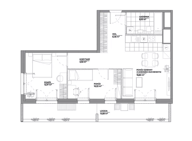3 pokoje, mieszkanie 59,20 m², piętro 7, oferta nr B1/20, Architektów, Wrocław, Al. Architektów 22-30