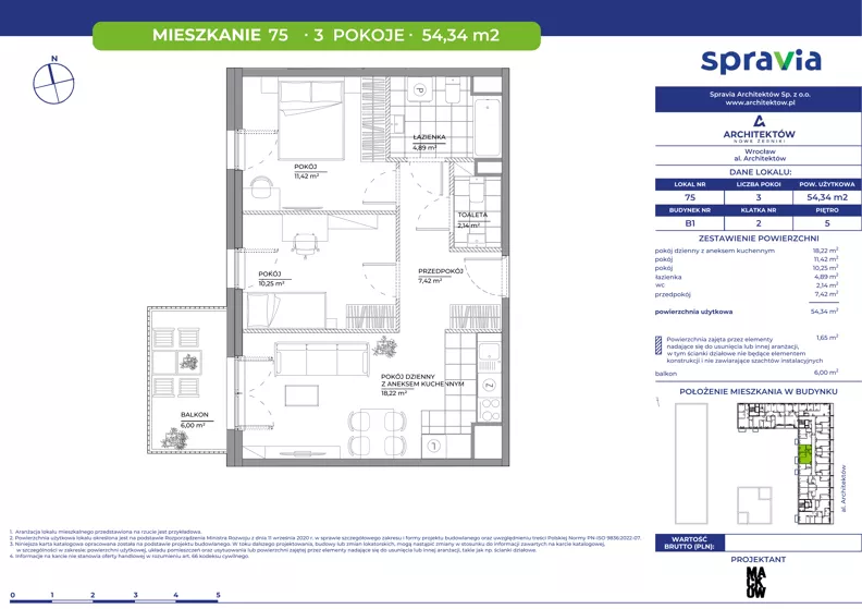 3 pokoje, mieszkanie 54,34 m², piętro 5, oferta nr B1/75, Architektów, Wrocław, Al. Architektów 22-30