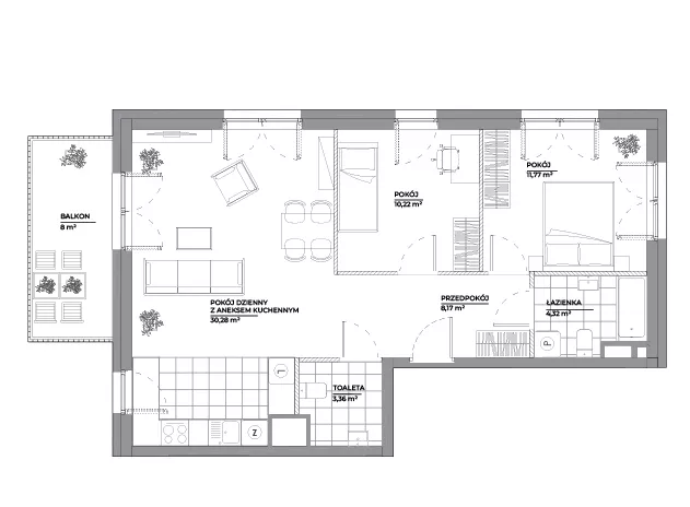 3 pokoje, mieszkanie 68,12 m², piętro 2, oferta nr B1/104, Architektów, Wrocław, Al. Architektów 22-30