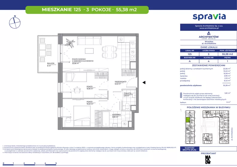 3 pokoje, mieszkanie 55,38 m², piętro 1, oferta nr A/125, Architektów, Wrocław, Al. Architektów 22-30