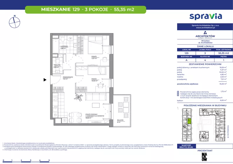 3 pokoje, mieszkanie 55,35 m², piętro 1, oferta nr A/129, Architektów, Wrocław, Al. Architektów 22-30
