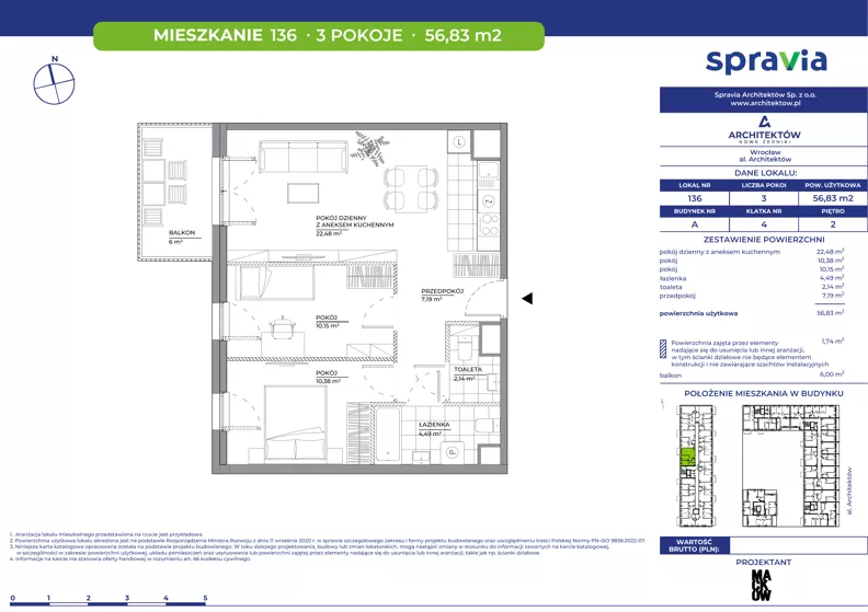 3 pokoje, mieszkanie 56,83 m², piętro 2, oferta nr A/136, Architektów, Wrocław, Al. Architektów 22-30
