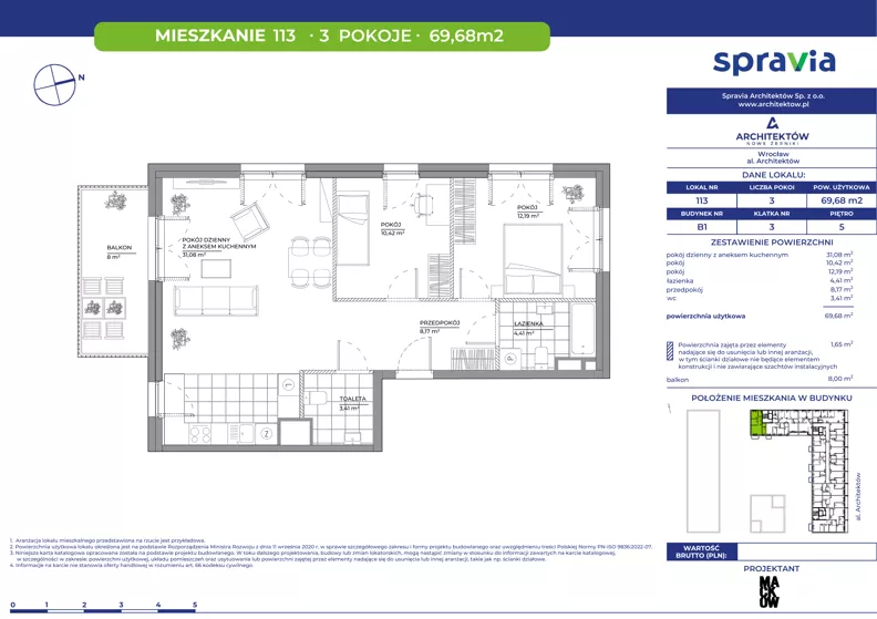 3 pokoje, mieszkanie 69,68 m², piętro 5, oferta nr B1/113, Architektów, Wrocław, Al. Architektów 22-30