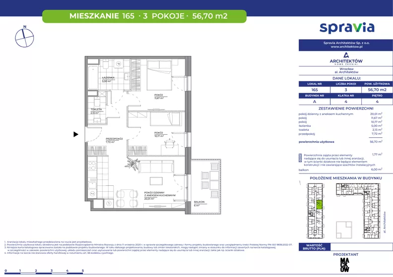 3 pokoje, mieszkanie 56,70 m², piętro 4, oferta nr A/165, Architektów, Wrocław, Al. Architektów 22-30