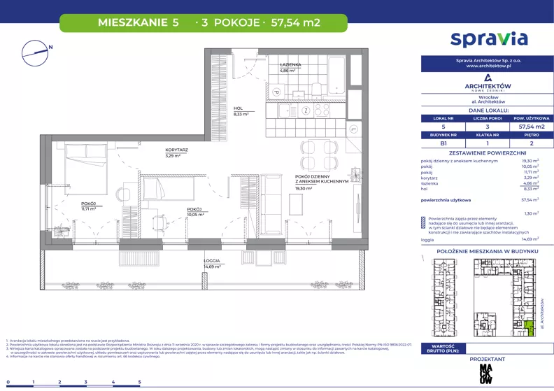 3 pokoje, mieszkanie 57,54 m², piętro 2, oferta nr B1/5, Architektów, Wrocław, Al. Architektów 22-30