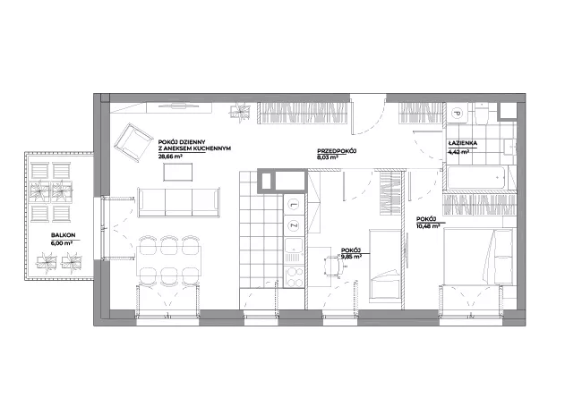 3 pokoje, mieszkanie 61,44 m², piętro 2, oferta nr B1/6, Architektów, Wrocław, Al. Architektów 22-30
