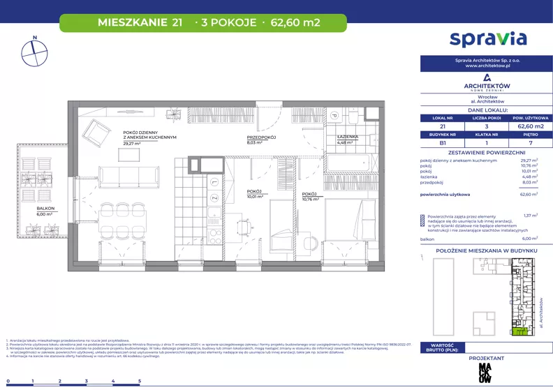 3 pokoje, mieszkanie 62,60 m², piętro 7, oferta nr B1/21, Architektów, Wrocław, Al. Architektów 22-30