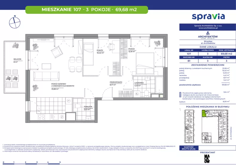 3 pokoje, mieszkanie 69,68 m², piętro 3, oferta nr B1/107, Architektów, Wrocław, Al. Architektów 22-30