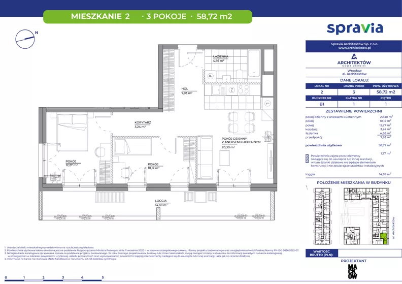 3 pokoje, mieszkanie 58,72 m², piętro 1, oferta nr B1/2, Architektów, Wrocław, Al. Architektów 22-30