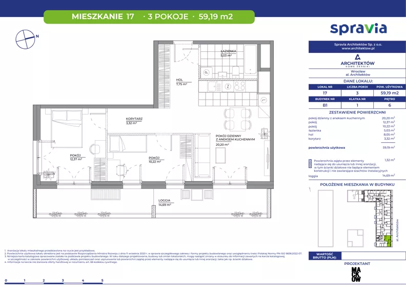 3 pokoje, mieszkanie 59,19 m², piętro 6, oferta nr B1/17, Architektów, Wrocław, Al. Architektów 22-30