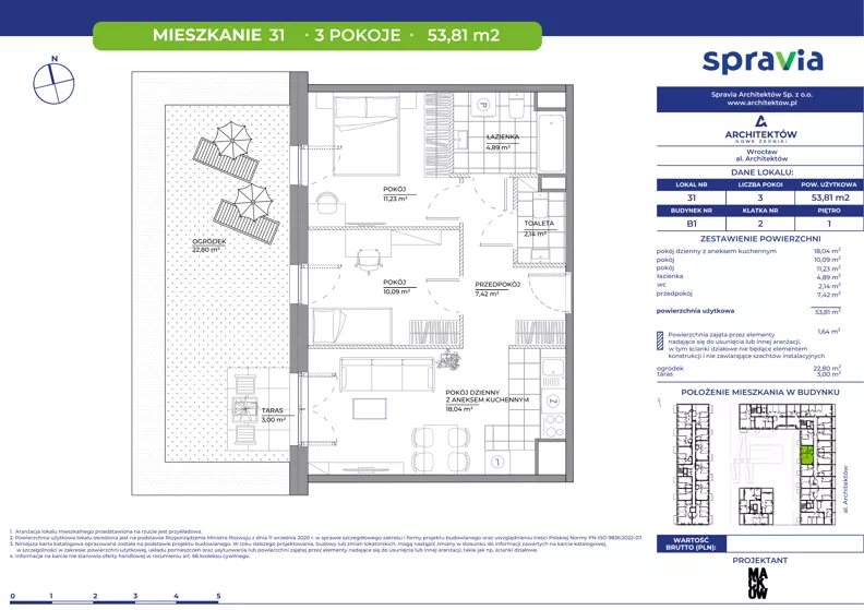 3 pokoje, mieszkanie 53,81 m², piętro 1, oferta nr B1/31, Architektów, Wrocław, Al. Architektów 22-30
