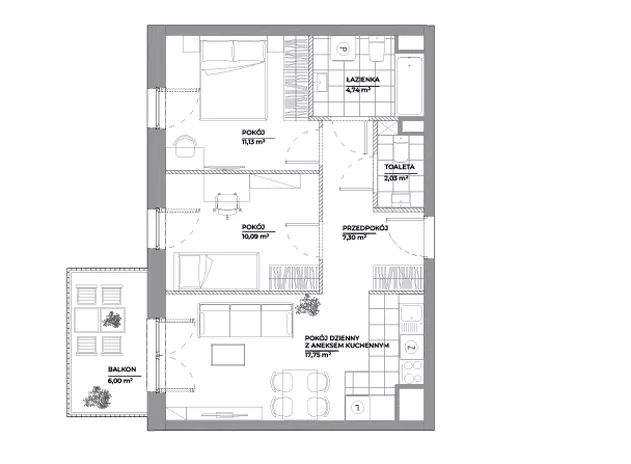 3 pokoje, mieszkanie 53,04 m², piętro 4, oferta nr B1/64, Architektów, Wrocław, Al. Architektów 22-30