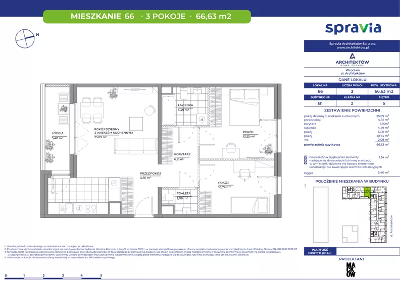 3 pokoje, mieszkanie 66,63 m², piętro 5, oferta nr B1/66, Architektów, Wrocław, Al. Architektów 22-30