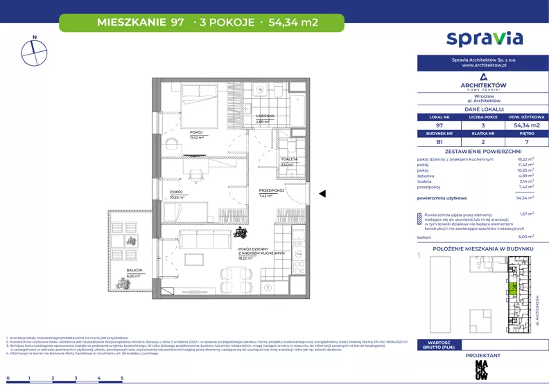 3 pokoje, mieszkanie 54,34 m², piętro 7, oferta nr B1/97, Architektów, Wrocław, Al. Architektów 22-30