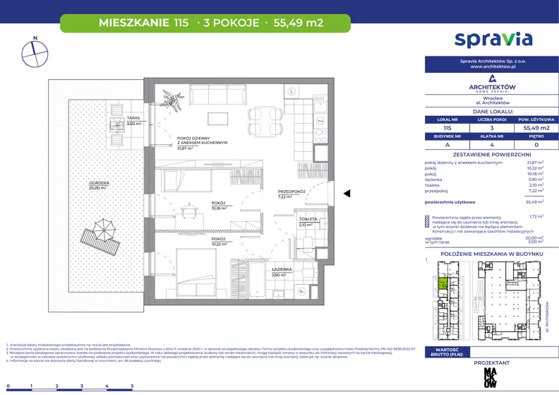 3 pokoje, mieszkanie 55,49 m², parter, oferta nr A/115, Architektów, Wrocław, Al. Architektów 22-30