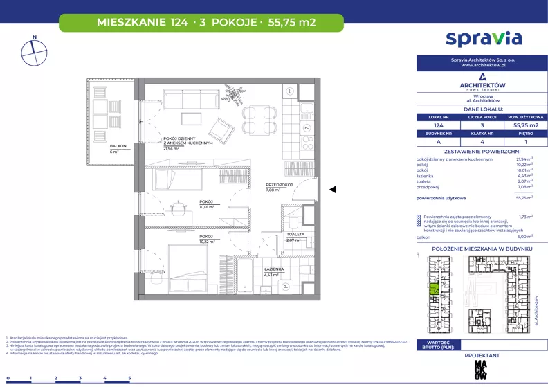 3 pokoje, mieszkanie 55,75 m², piętro 1, oferta nr A/124, Architektów, Wrocław, Al. Architektów 22-30