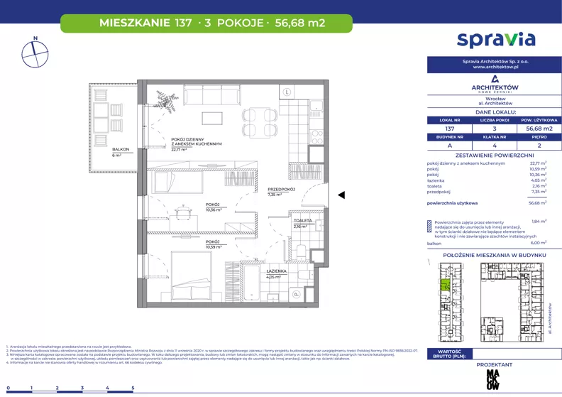 3 pokoje, mieszkanie 56,68 m², piętro 2, oferta nr A/137, Architektów, Wrocław, Al. Architektów 22-30