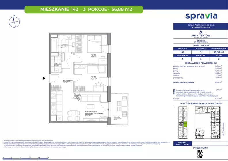 3 pokoje, mieszkanie 56,88 m², piętro 2, oferta nr A/142, Architektów, Wrocław, Al. Architektów 22-30