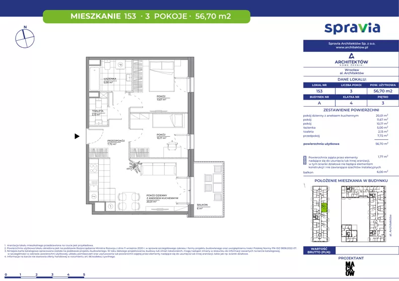 3 pokoje, mieszkanie 56,70 m², piętro 3, oferta nr A/153, Architektów, Wrocław, Al. Architektów 22-30