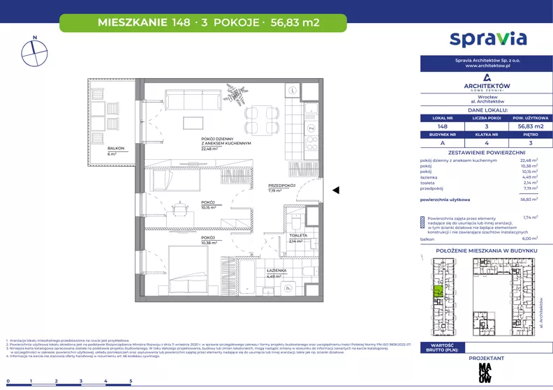 3 pokoje, mieszkanie 56,83 m², piętro 3, oferta nr A/148, Architektów, Wrocław, Al. Architektów 22-30