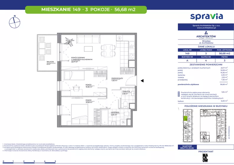 3 pokoje, mieszkanie 56,68 m², piętro 3, oferta nr A/149, Architektów, Wrocław, Al. Architektów 22-30