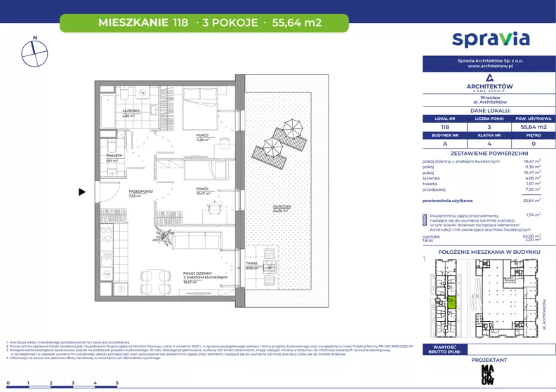 3 pokoje, mieszkanie 55,64 m², parter, oferta nr A/118, Architektów, Wrocław, Al. Architektów 22-30