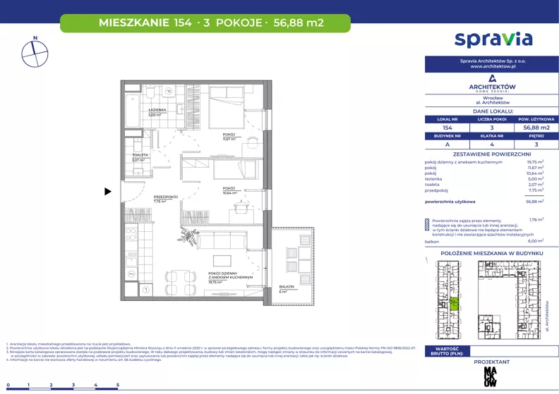 3 pokoje, mieszkanie 56,88 m², piętro 3, oferta nr A/154, Architektów, Wrocław, Al. Architektów 22-30