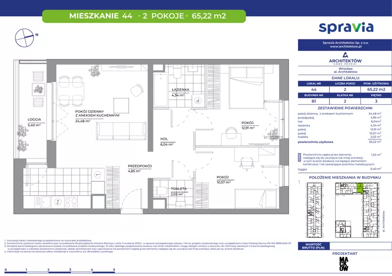 3 pokoje, mieszkanie 65,22 m², piętro 3, oferta nr B1/44, Architektów, Wrocław, Al. Architektów 22-30