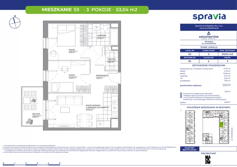 3 pokoje, mieszkanie 53,04 m², piętro 3, oferta nr B1/53, Architektów, Wrocław, Al. Architektów 22-30