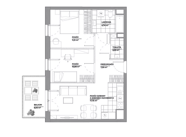 3 pokoje, mieszkanie 53,04 m², piętro 3, oferta nr B1/53, Architektów, Wrocław, Al. Architektów 22-30