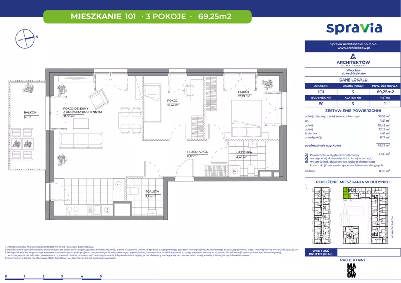 3 pokoje, mieszkanie 69,25 m², piętro 1, oferta nr B1/101, Architektów, Wrocław, Al. Architektów 22-30