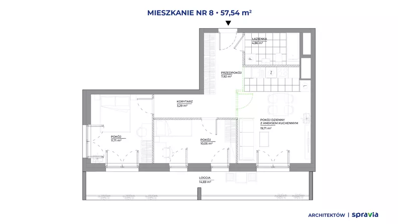 3 pokoje, mieszkanie 57,54 m², piętro 3, oferta nr B1/8, Architektów, Wrocław, Żerniki, Al. Architektów 22-30