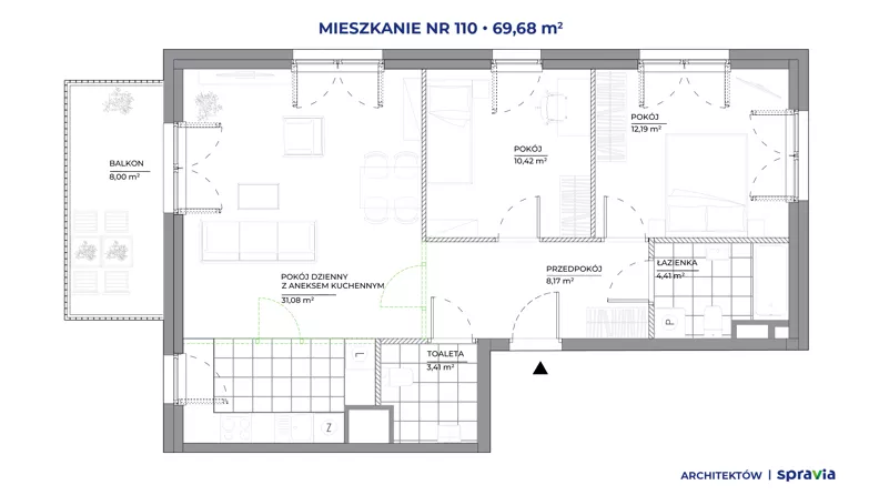 3 pokoje, mieszkanie 69,68 m², piętro 4, oferta nr B1/110, Architektów, Wrocław, Żerniki, Al. Architektów 22-30
