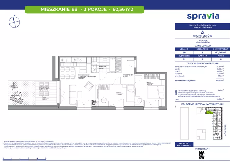 3 pokoje, mieszkanie 60,36 m², piętro 6, oferta nr B1/88, Architektów, Wrocław, Żerniki, Al. Architektów 22-30