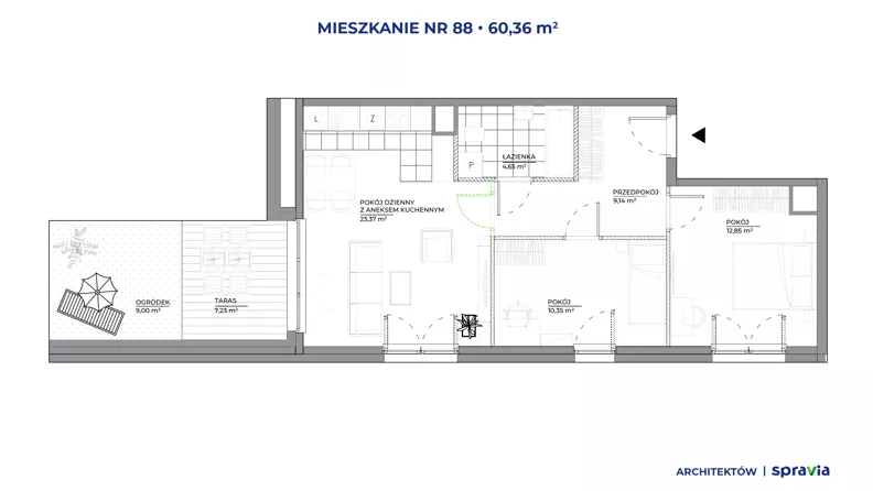 3 pokoje, mieszkanie 60,36 m², piętro 6, oferta nr B1/88, Architektów, Wrocław, Żerniki, Al. Architektów 22-30