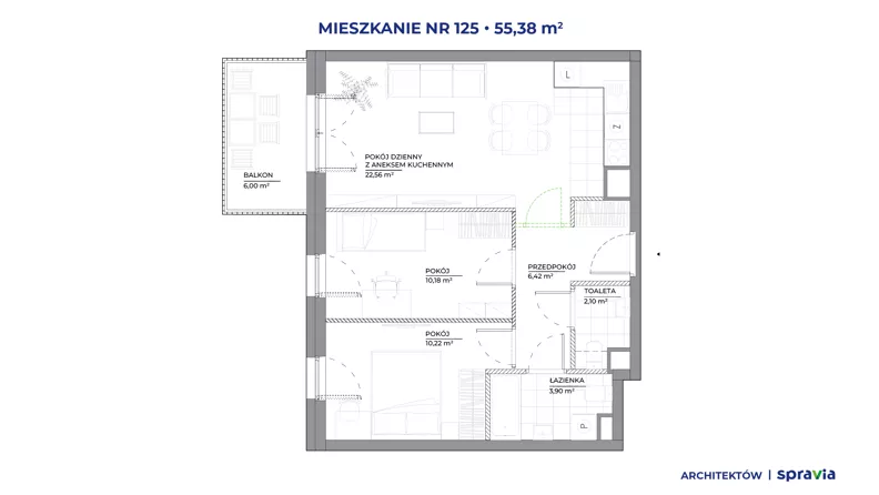 3 pokoje, mieszkanie 55,38 m², piętro 1, oferta nr A/125, Architektów, Wrocław, Żerniki, Al. Architektów 22-30