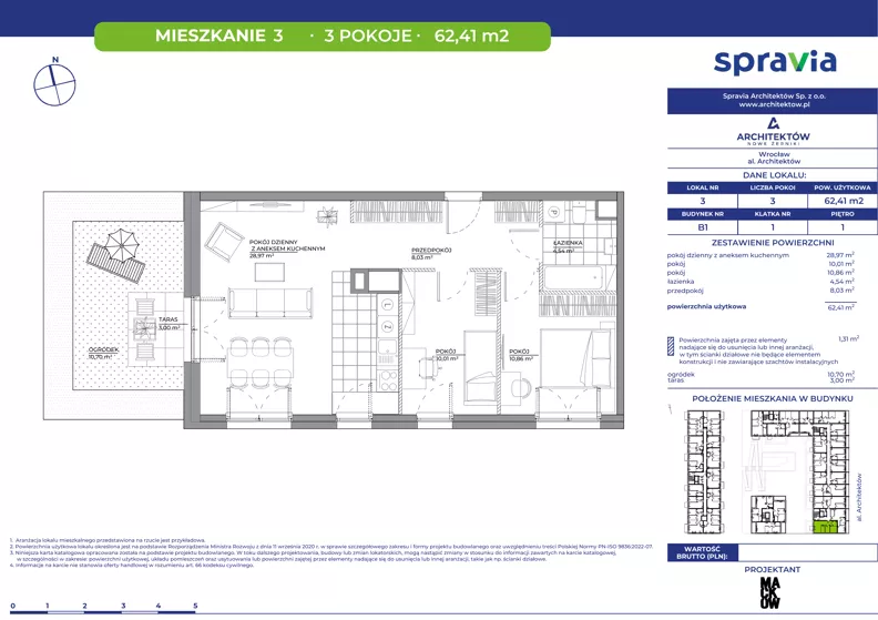 3 pokoje, mieszkanie 62,41 m², piętro 1, oferta nr B1/3, Architektów, Wrocław, Żerniki, Al. Architektów 22-30