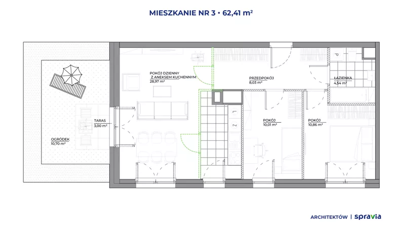 3 pokoje, mieszkanie 62,41 m², piętro 1, oferta nr B1/3, Architektów, Wrocław, Żerniki, Al. Architektów 22-30