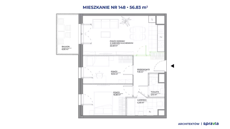 3 pokoje, mieszkanie 56,83 m², piętro 3, oferta nr A/148, Architektów, Wrocław, Żerniki, Al. Architektów 22-30