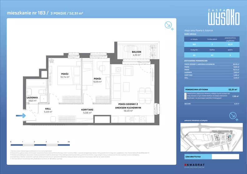 3 pokoje, mieszkanie 52,51 m², piętro 5, oferta nr A2/183, Zaspa Wysoko, Gdańsk, Zaspa, Zaspa-Młyniec, aleja Jana Pawła II