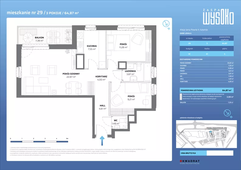 3 pokoje, mieszkanie 64,87 m², piętro 4, oferta nr A1/29, Zaspa Wysoko, Gdańsk, Zaspa, Zaspa-Młyniec, aleja Jana Pawła II