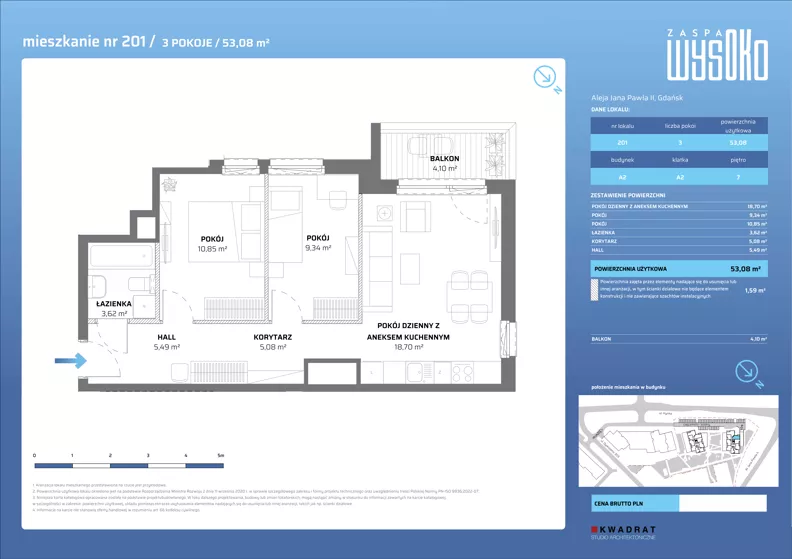 3 pokoje, mieszkanie 53,08 m², piętro 7, oferta nr A2/201, Zaspa Wysoko, Gdańsk, Zaspa, Zaspa-Młyniec, aleja Jana Pawła II