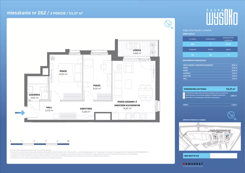 3 pokoje, mieszkanie 53,37 m², piętro 14, oferta nr A2/262, Zaspa Wysoko, Gdańsk, Zaspa, Zaspa-Młyniec, aleja Jana Pawła II